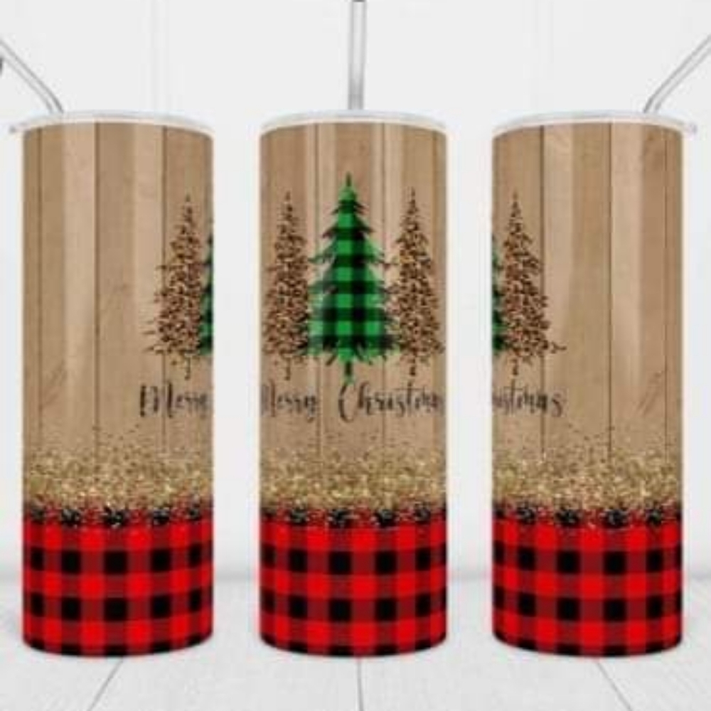 Primitive Christmas Tree 20oz Tumbler - Buffalo Check - Plaid